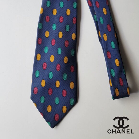 CHANEL Men's Vintage Tie 100% Silk Made in Italy Blue with Dot Pattern Authentic - Picture 1 of 4